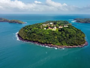 Vue aérienne de l'Île du Diable, îlot rocheux isolé au large de la Guyane T'Air Nature Guyane